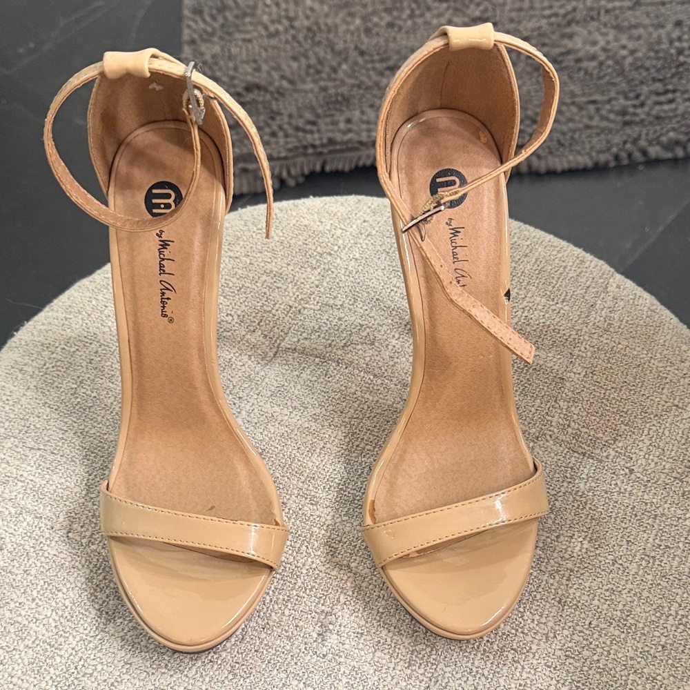 Michael Antonio Beige Patent Ankle Strap Heels